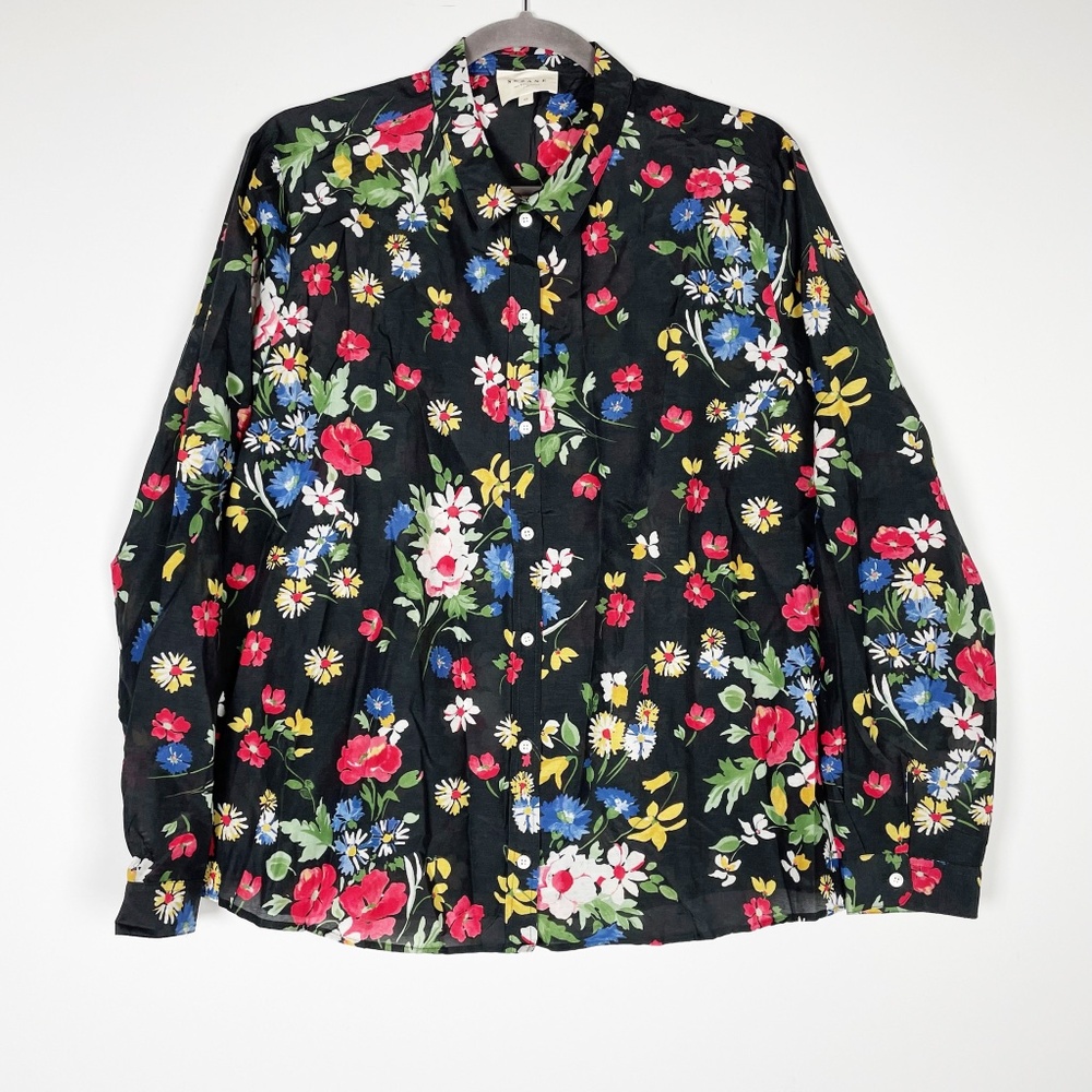 Sezane Floral Button Down Shirt - Black, Red, Green